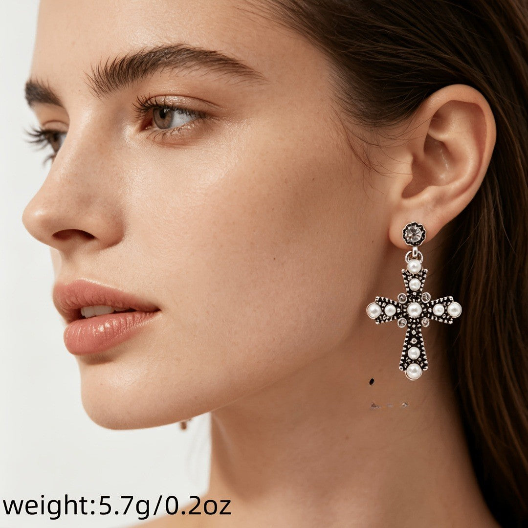 Vintage Pearl Cross Earrings