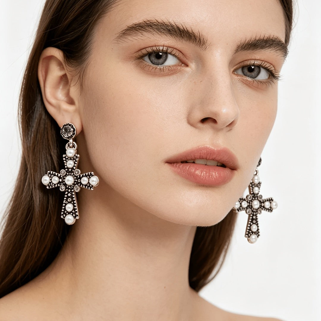 Vintage Pearl Cross Earrings