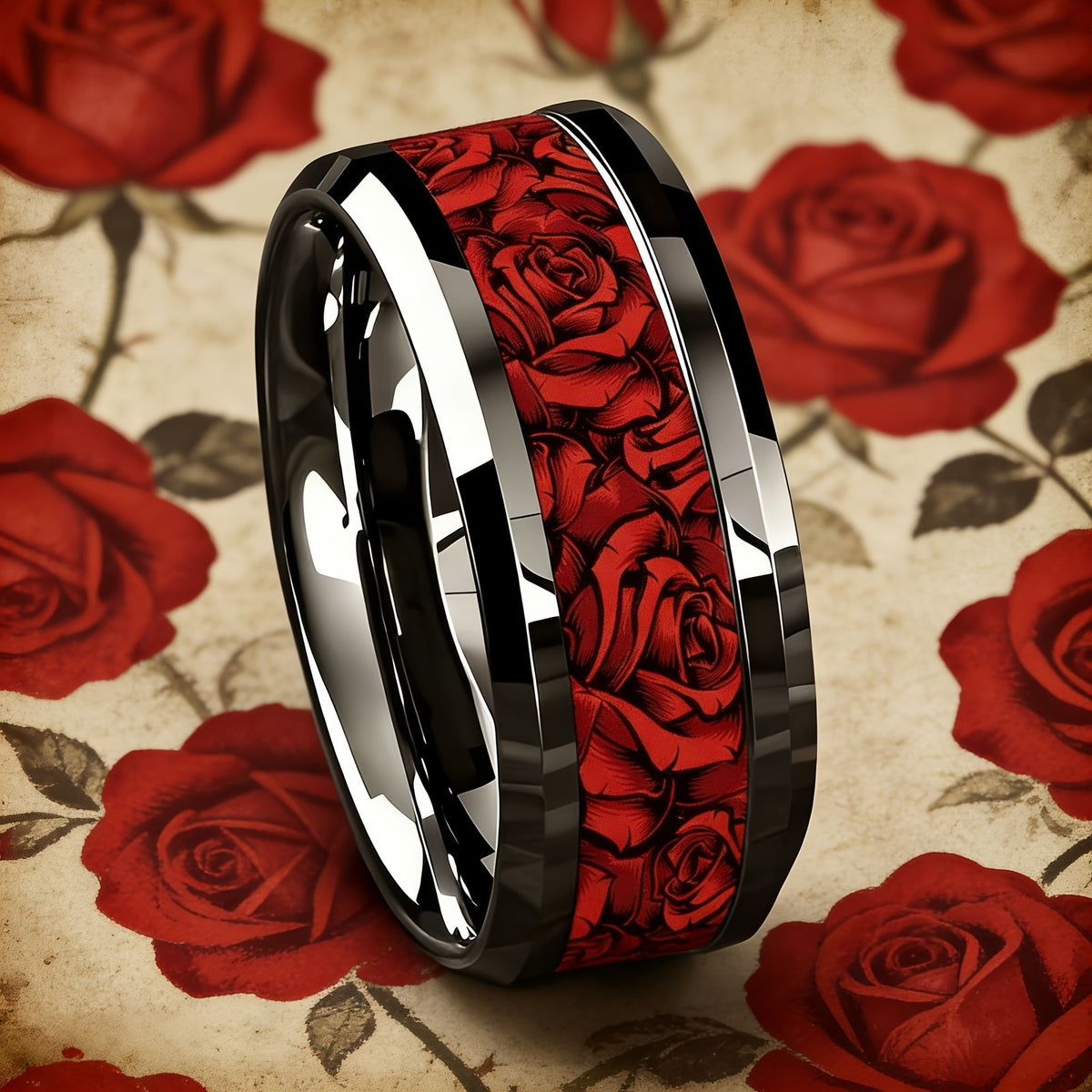Red Rose Inlay Stainless Steel Ring