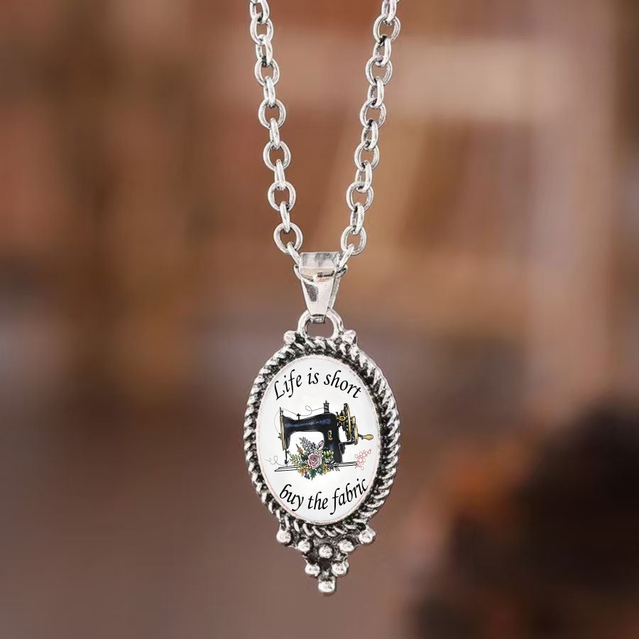 Sewing Machine Quote Oval Pendant Necklace