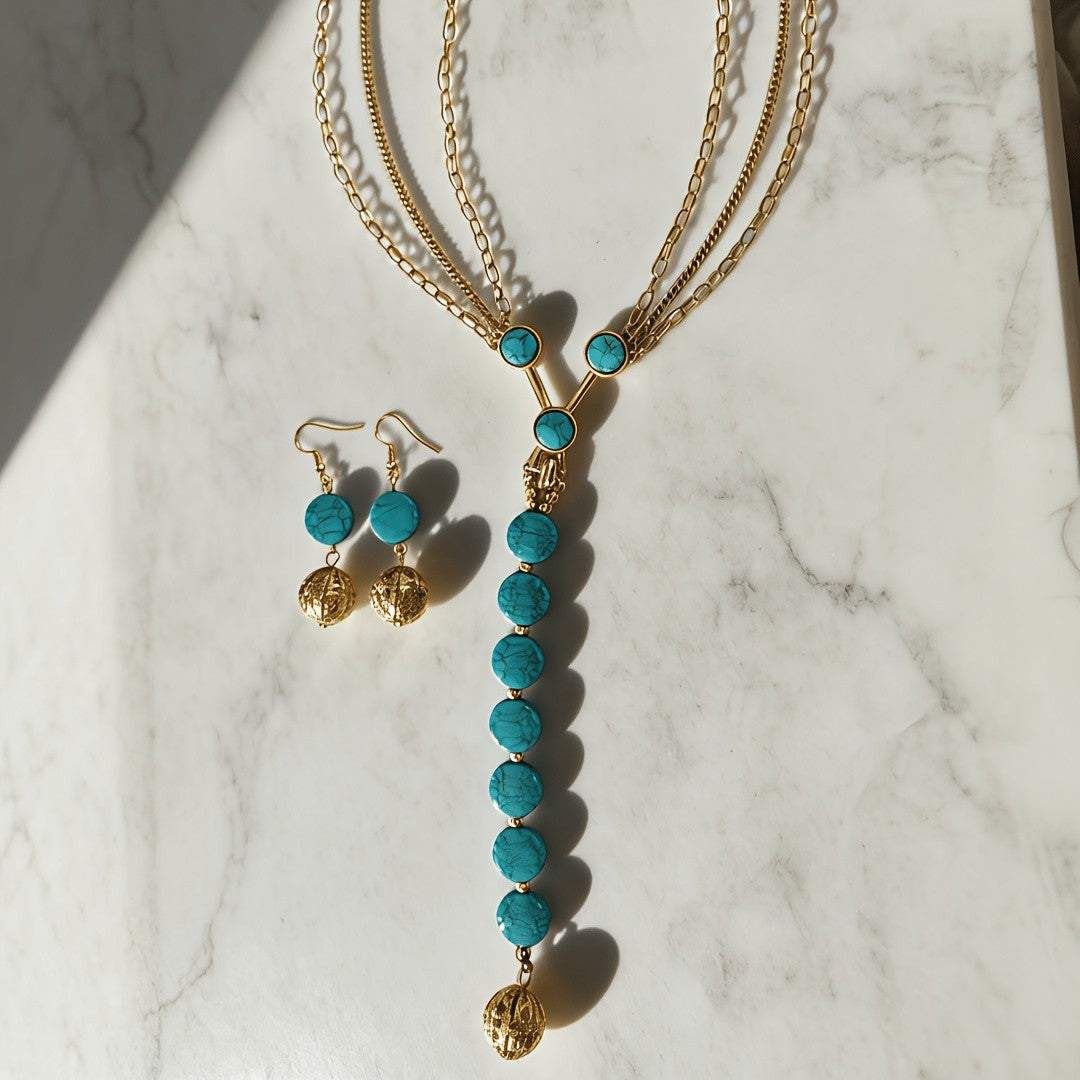 Turquoise Bead & Hollow Ball Jewelry Set
