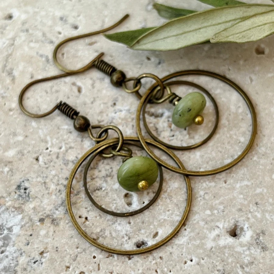 Double Hoop Green Stone Earrings