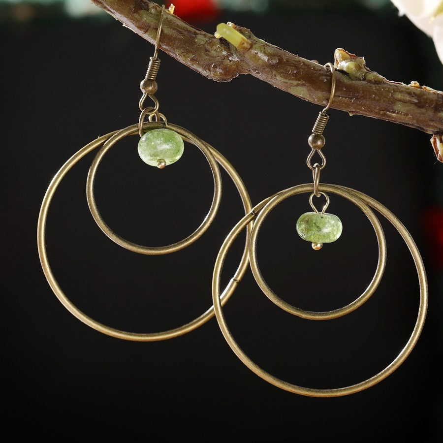 Double Hoop Green Stone Earrings