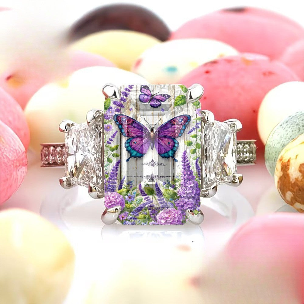 Purple Butterfly & Lavender Square Ring
