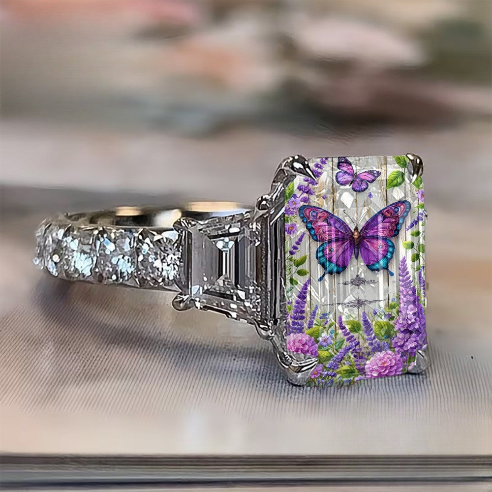 Purple Butterfly & Lavender Square Ring
