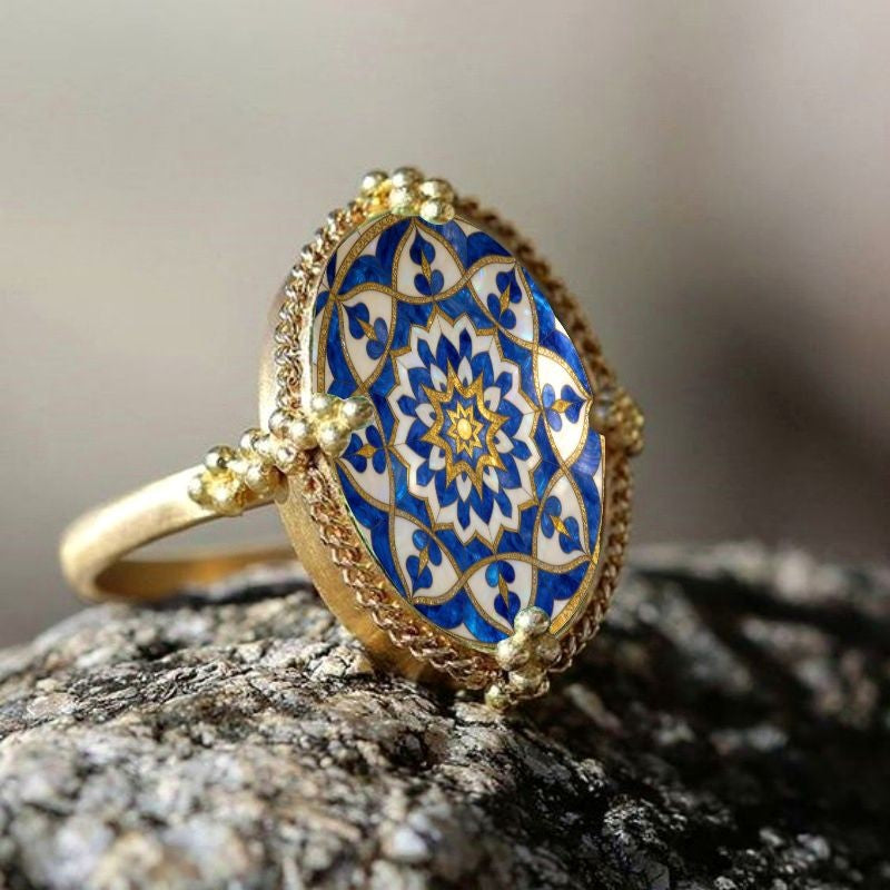 Blue Mandala Oval Ring