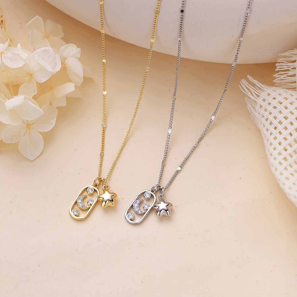 Star & Crescent Crystal Pendant Necklace