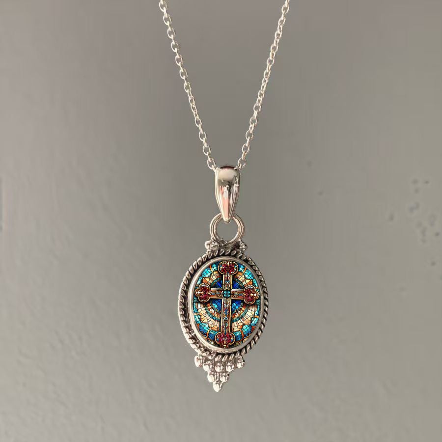 Stained Glass Cross Oval Pendant Necklace