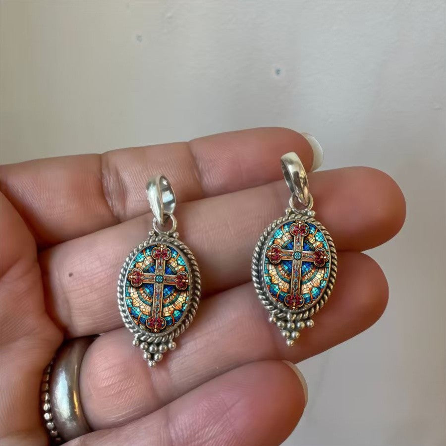 Stained Glass Cross Oval Pendant Necklace