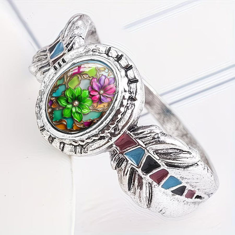 Floral Feather Oval Ring