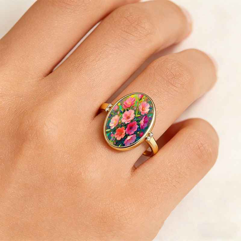 Vibrant Floral Oval Ring