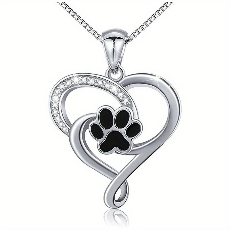 Black Paw & Crystal Heart Necklace