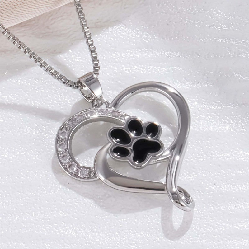 Black Paw & Crystal Heart Necklace
