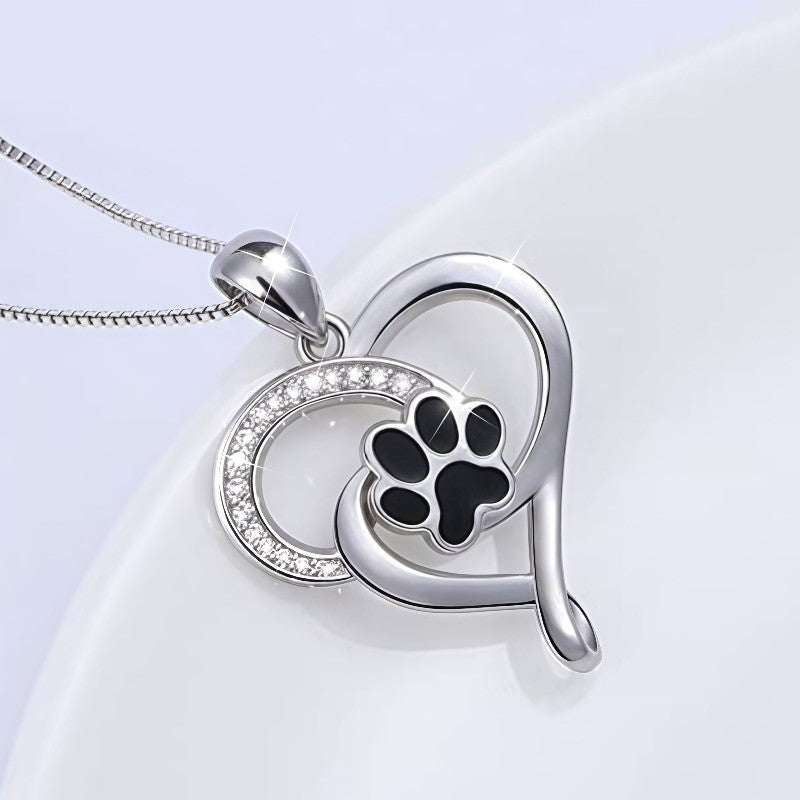 Black Paw & Crystal Heart Necklace