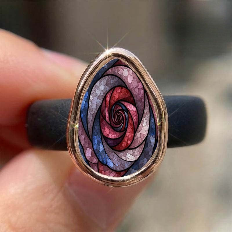 Spiral Rose Stained Glass Teardrop Ring