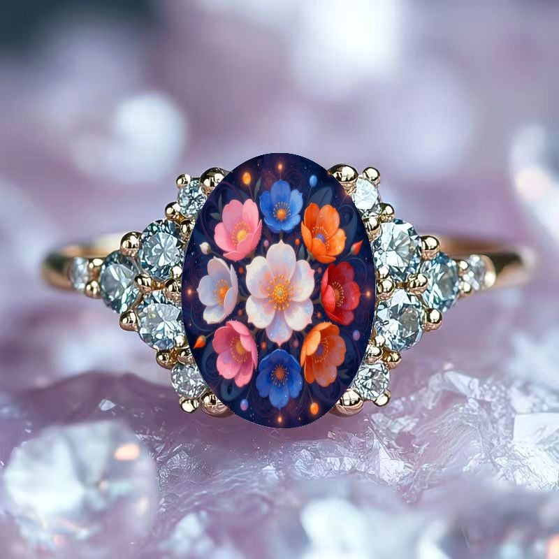 Midnight Floral Oval Ring