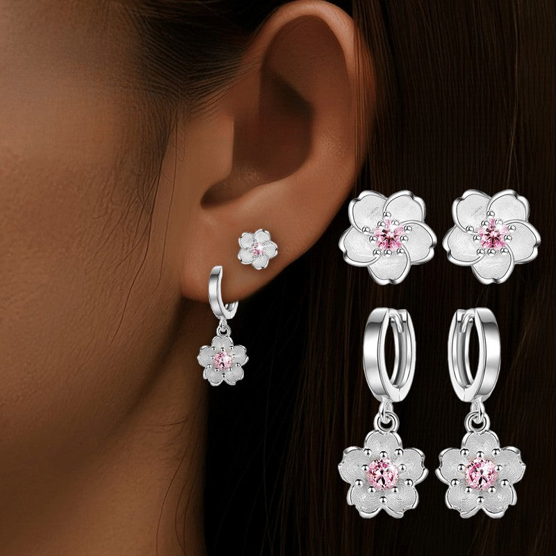 Pink Crystal Flower Stud & Hoop Earring Set