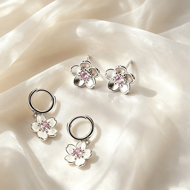 Pink Crystal Flower Stud & Hoop Earring Set