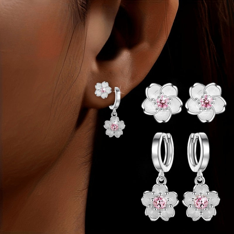 Pink Crystal Flower Stud & Hoop Earring Set