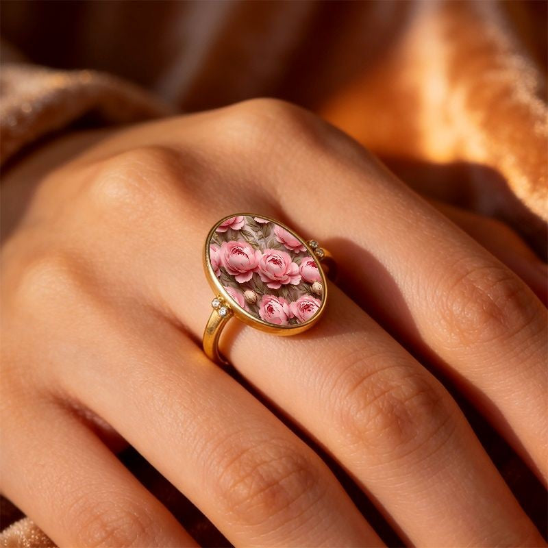 Pink Peony Glass Oval Ring