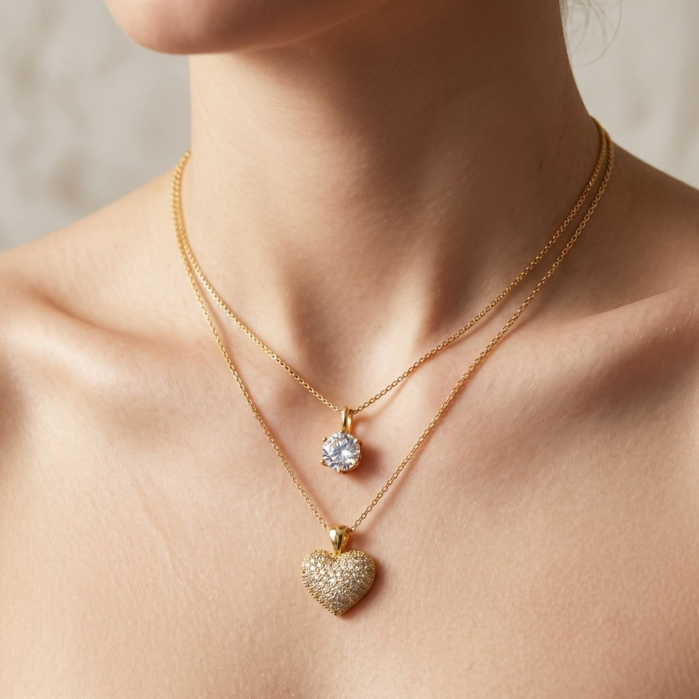 Paved Heart & Solitaire Layered Necklace