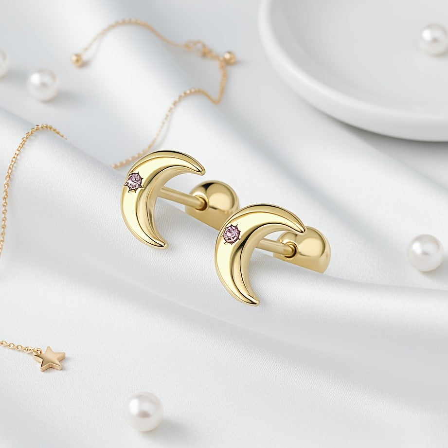 Pink Stone Crescent Moon Stud Earrings