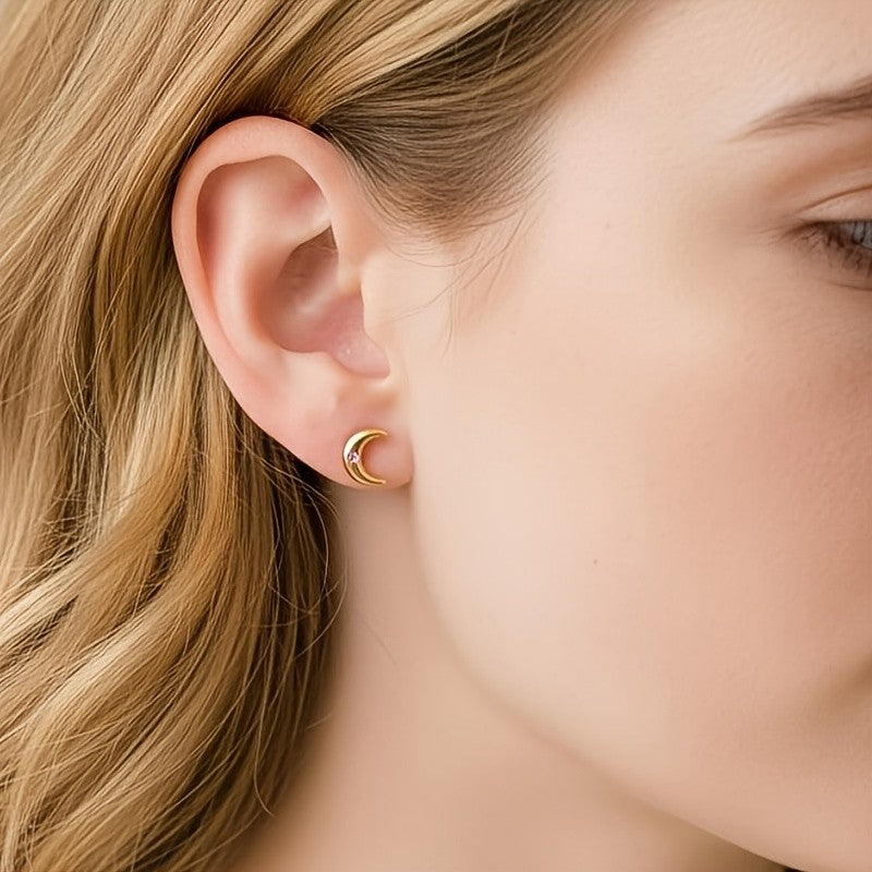 Pink Stone Crescent Moon Stud Earrings