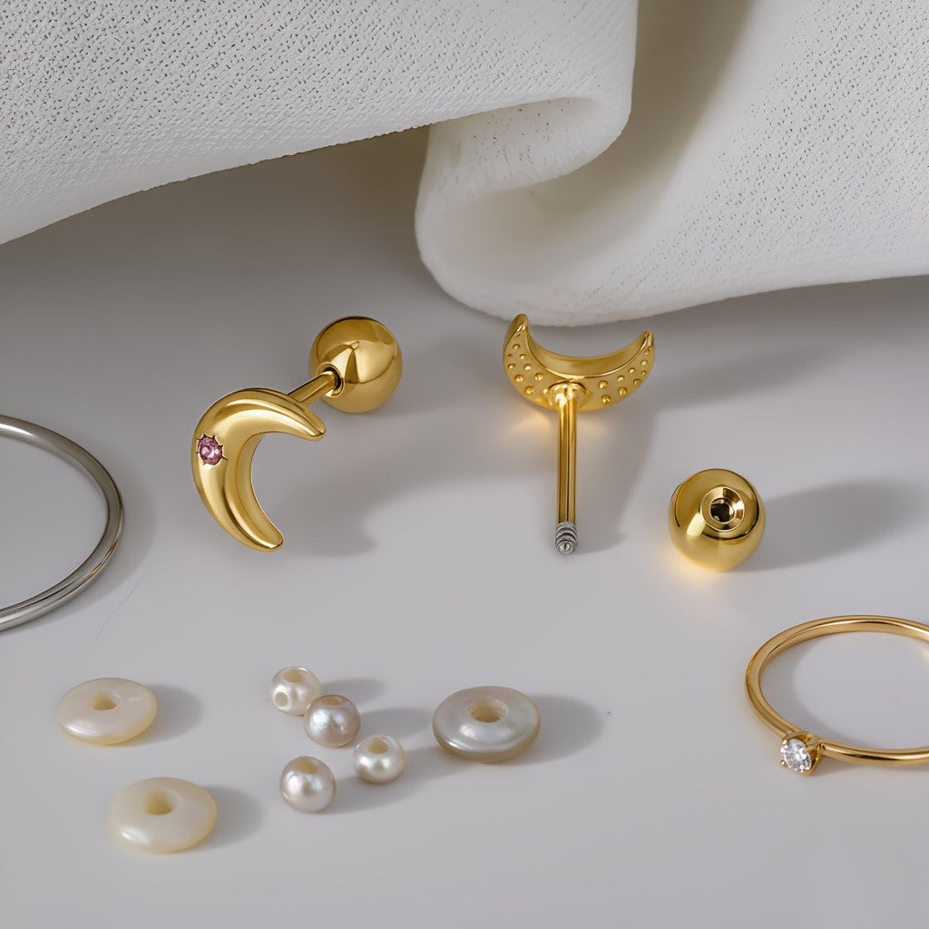 Pink Stone Crescent Moon Stud Earrings