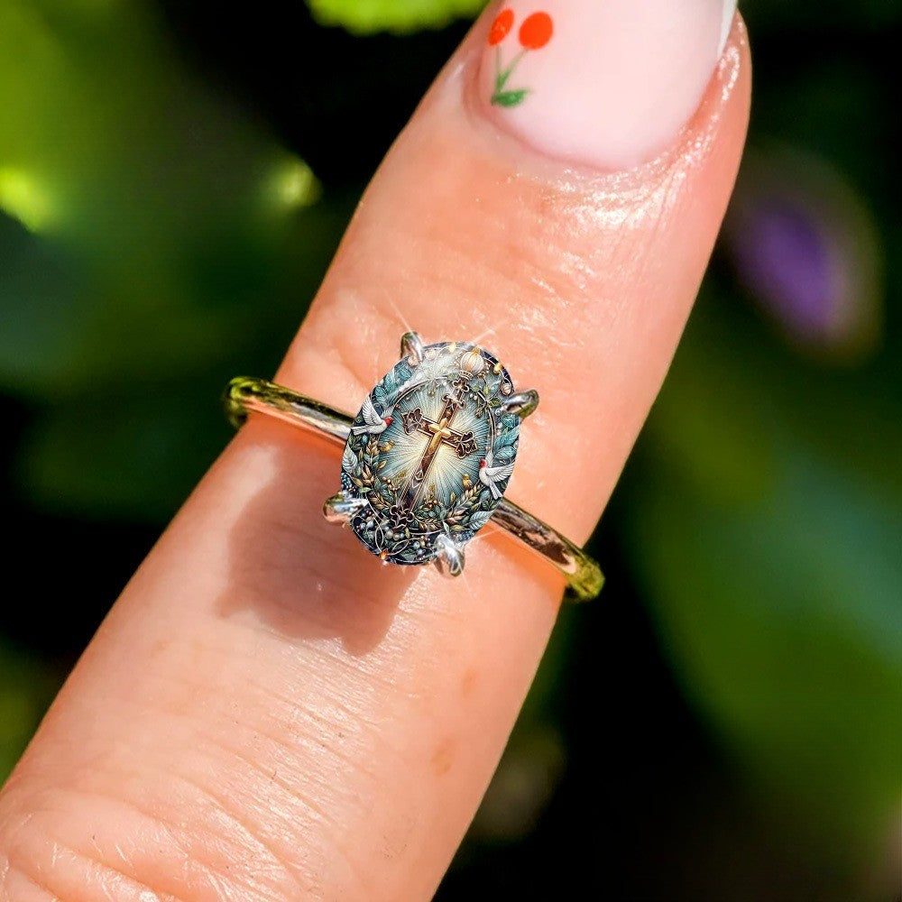 Radiant Cross & Dove Oval Ring