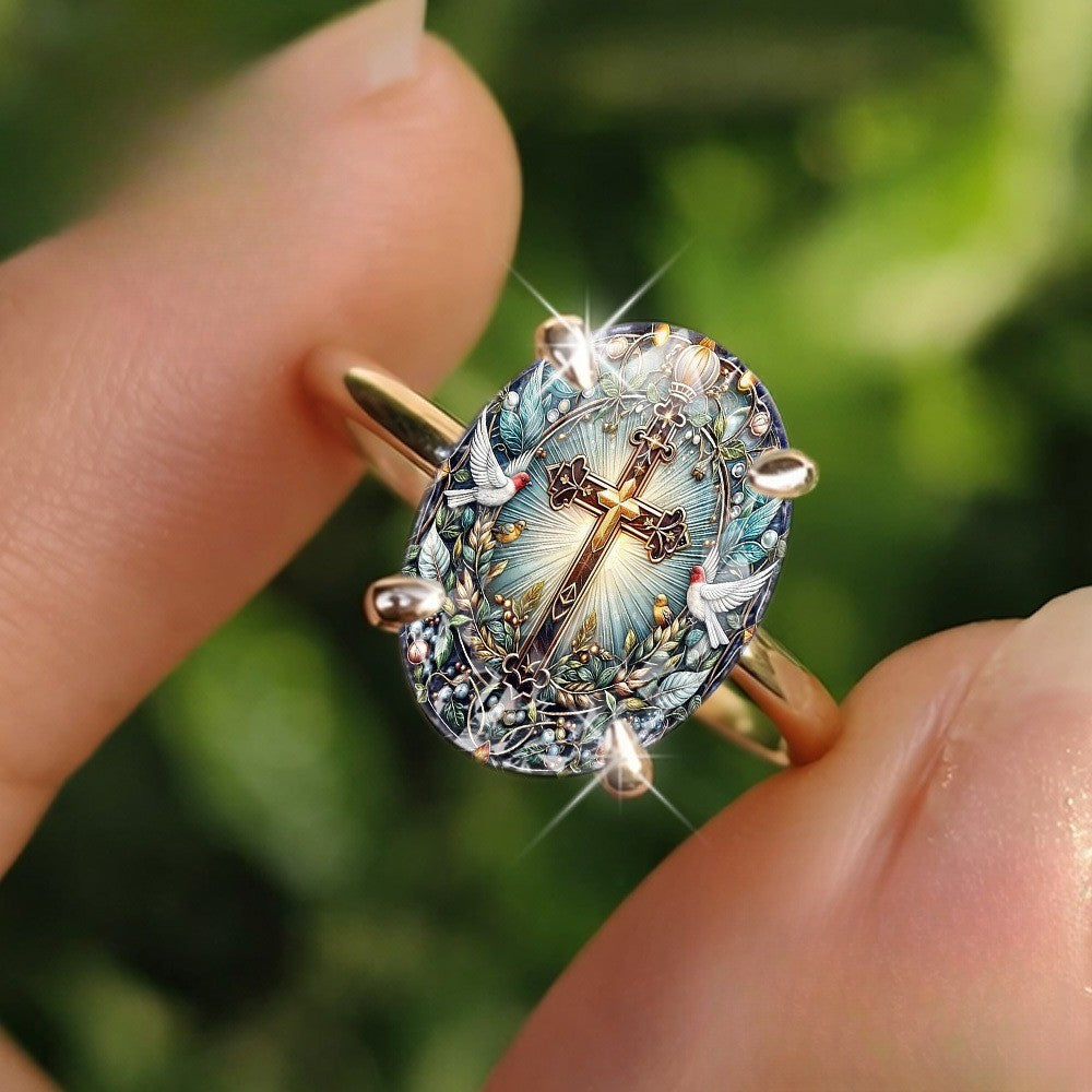 Radiant Cross & Dove Oval Ring