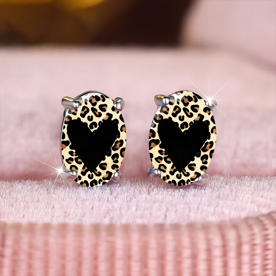Leopard Print Oval Heart Stud Earrings