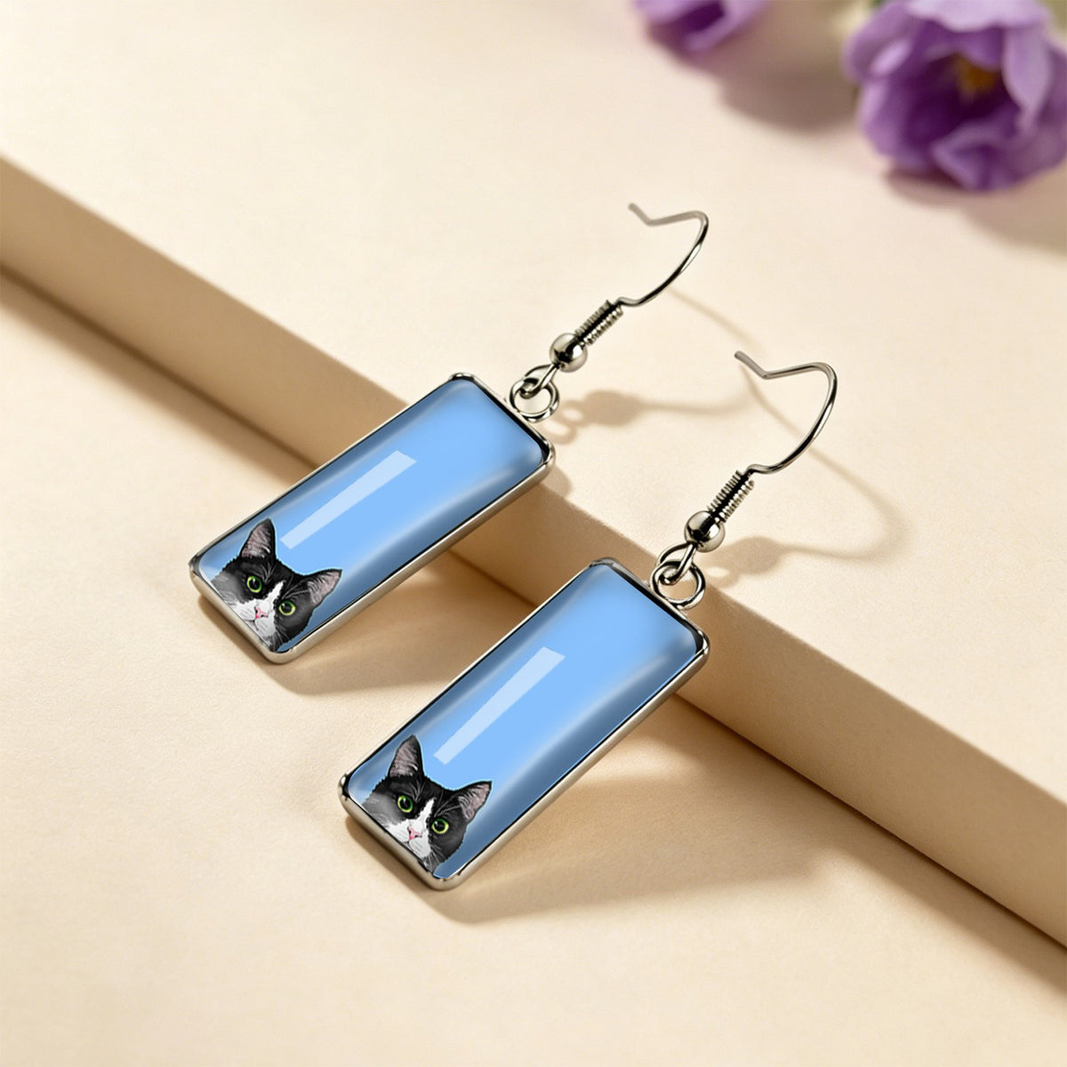 Blue Cat Rectangle Drop Earrings