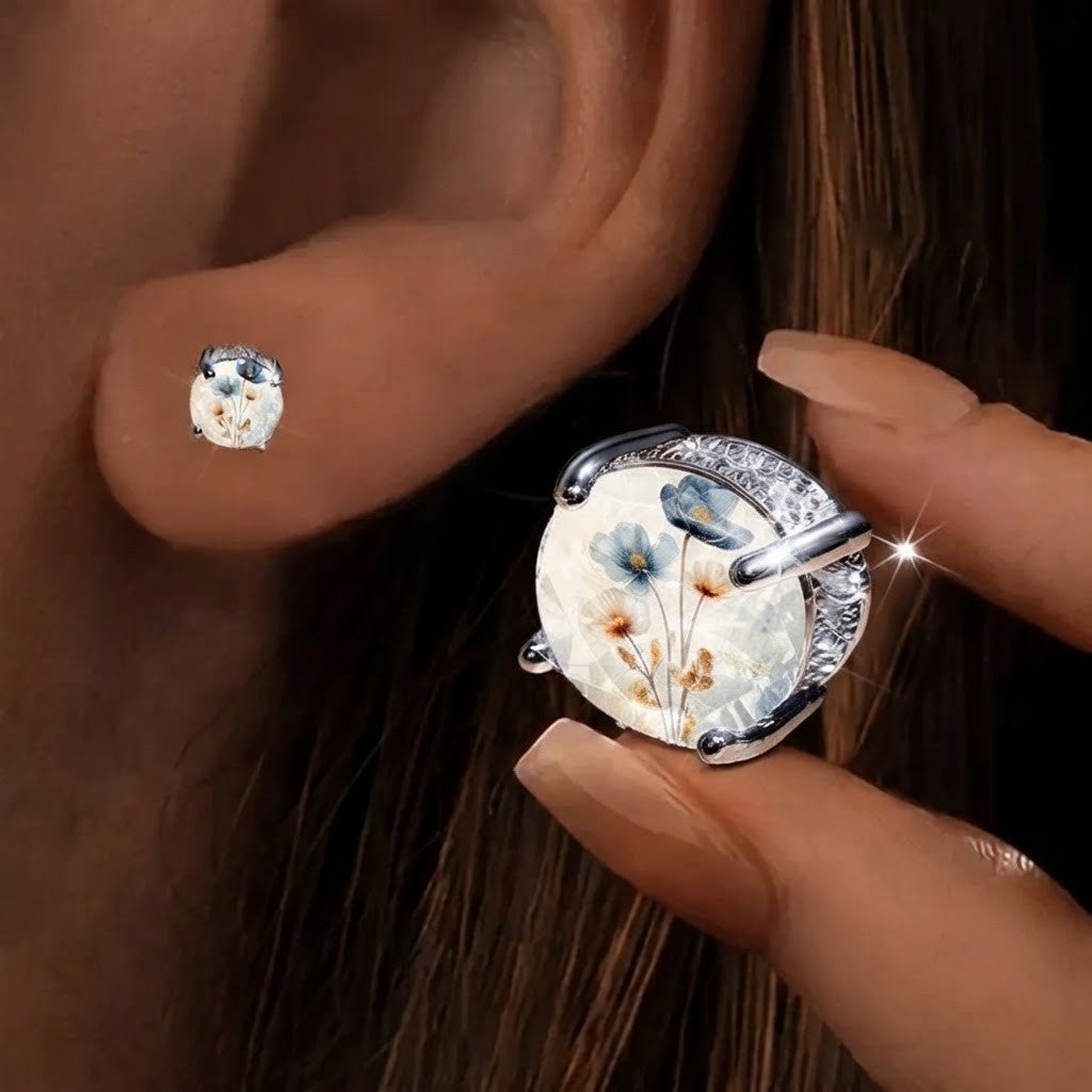 Blue Botanical Glass Dome Stud Earrings