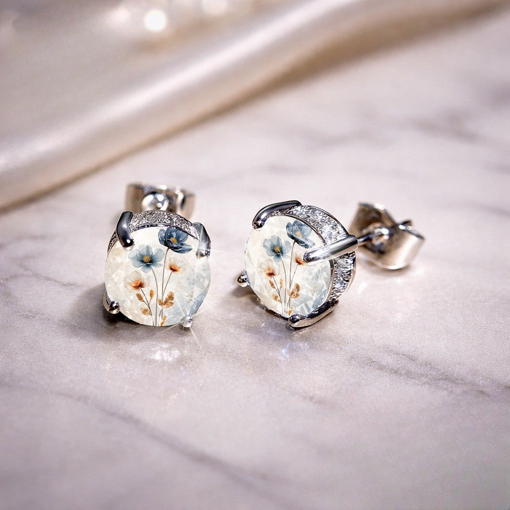 Blue Botanical Glass Dome Stud Earrings