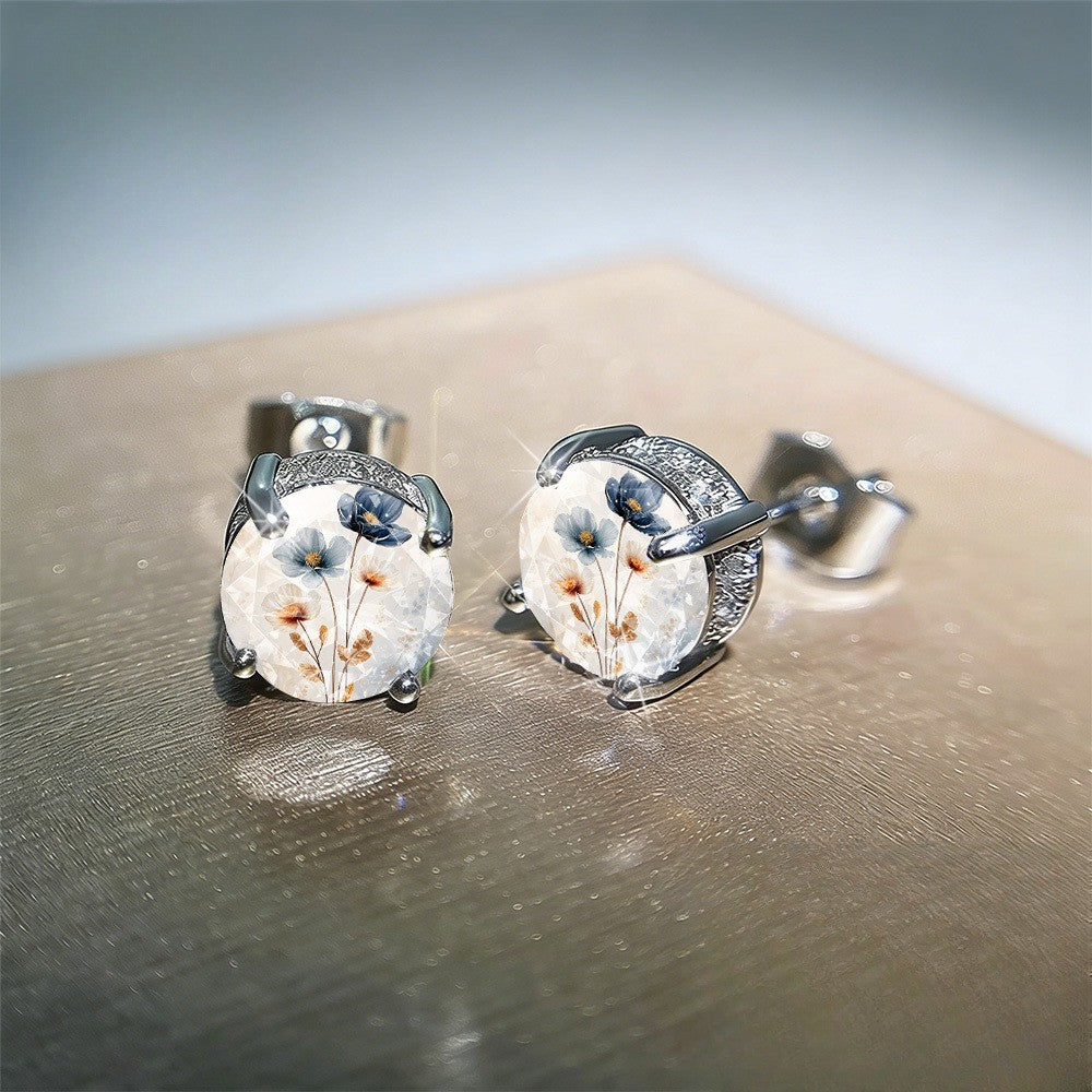 Blue Botanical Glass Dome Stud Earrings