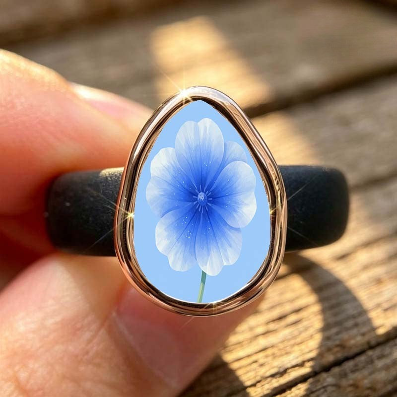 Blue Linen Flower Teardrop Ring