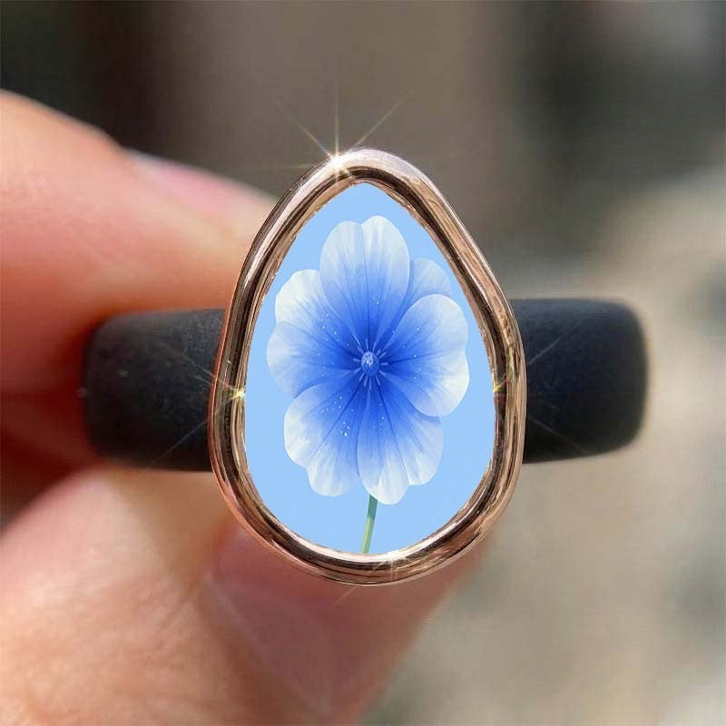 Blue Linen Flower Teardrop Ring