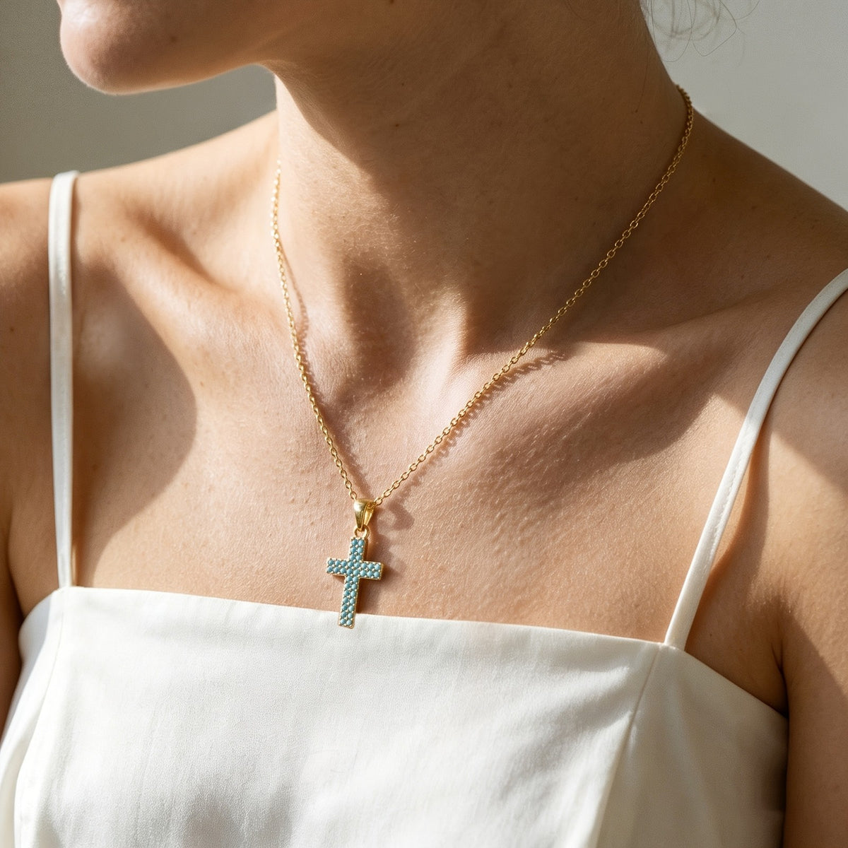 Synthetic Turquoise Pave Cross Necklace