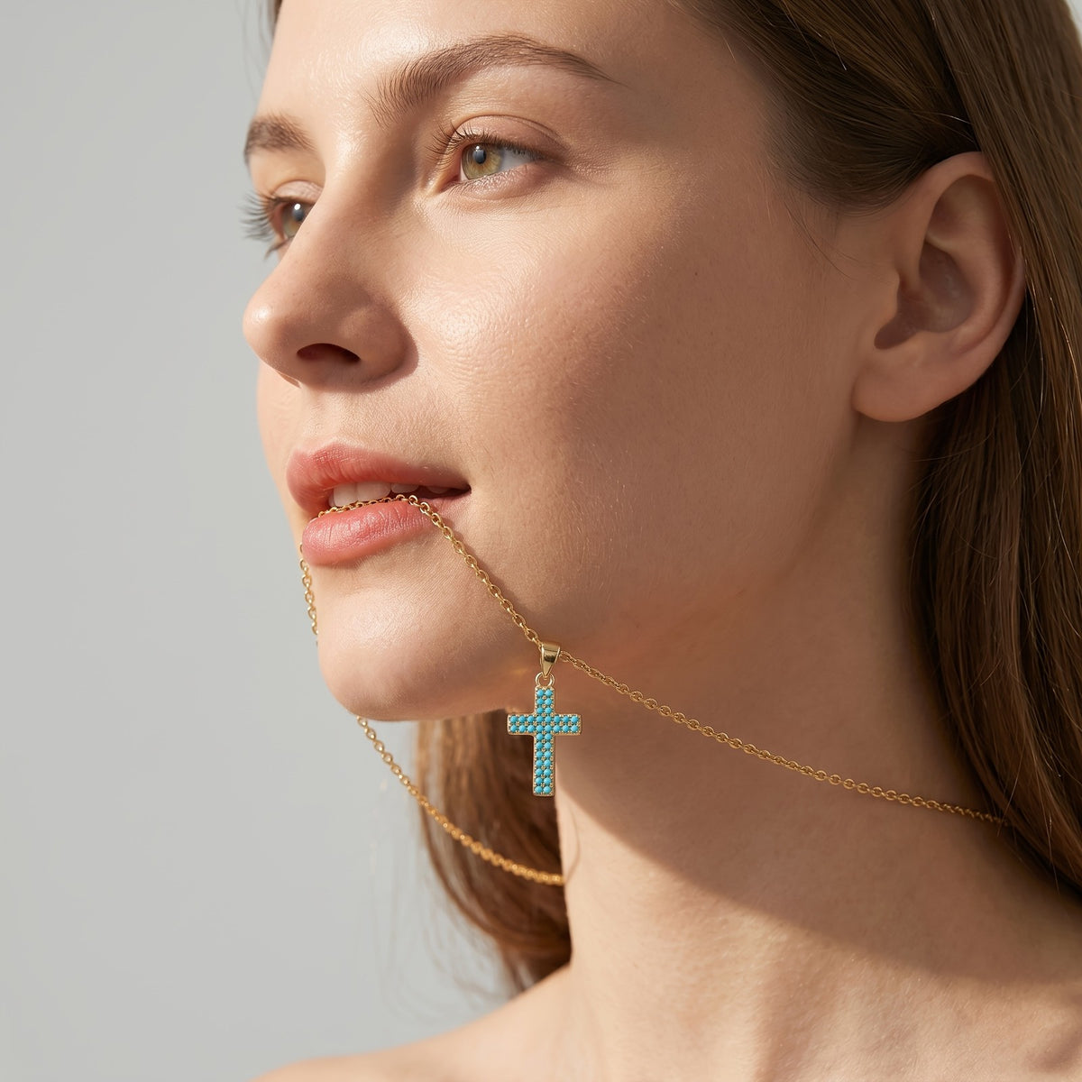 Synthetic Turquoise Pave Cross Necklace
