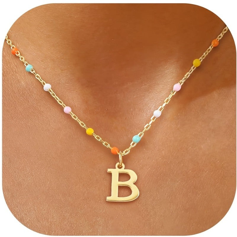 Colorful Bead Initial Link Necklace