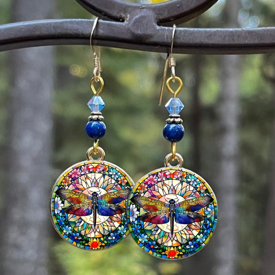 Dragonfly Mandala Round Drop Earrings