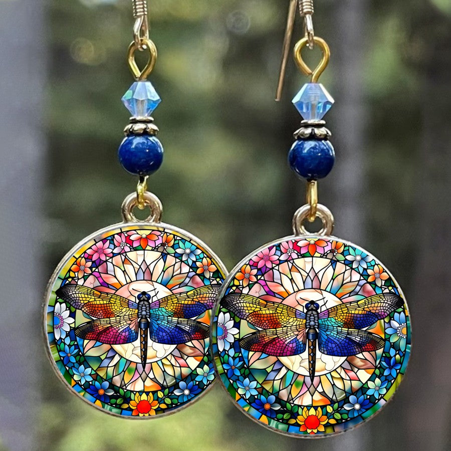 Dragonfly Mandala Round Drop Earrings