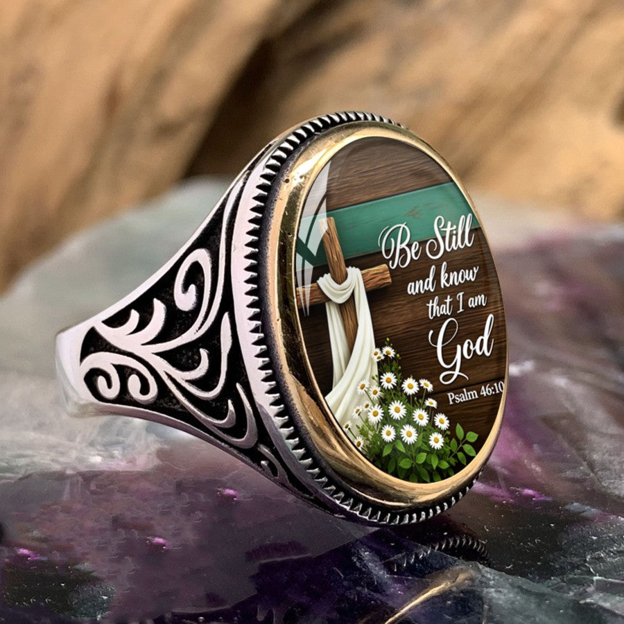 Be Still Scripture & Daisy Oval Ring