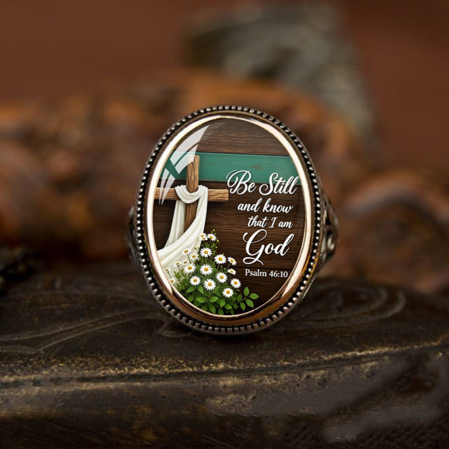 Be Still Scripture & Daisy Oval Ring