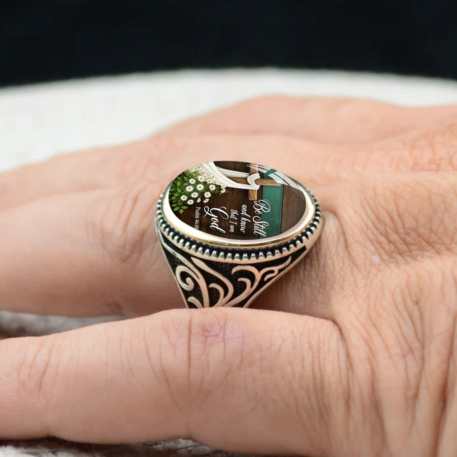 Be Still Scripture & Daisy Oval Ring