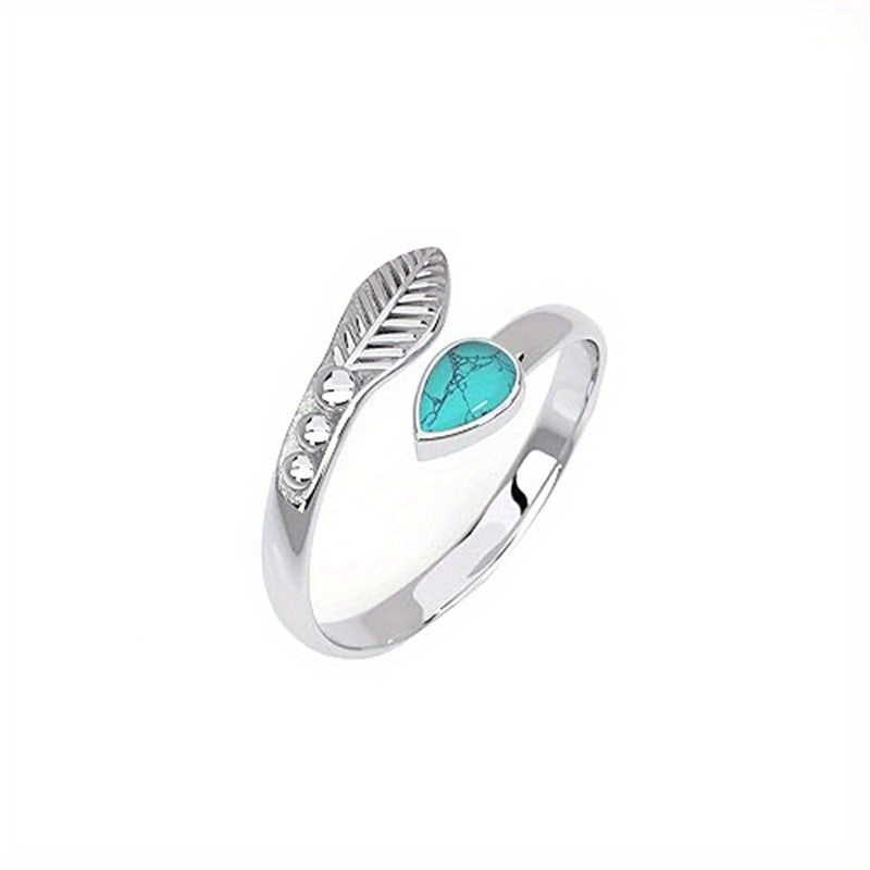 Silver-Tone Feather & Teal Stone Open Ring