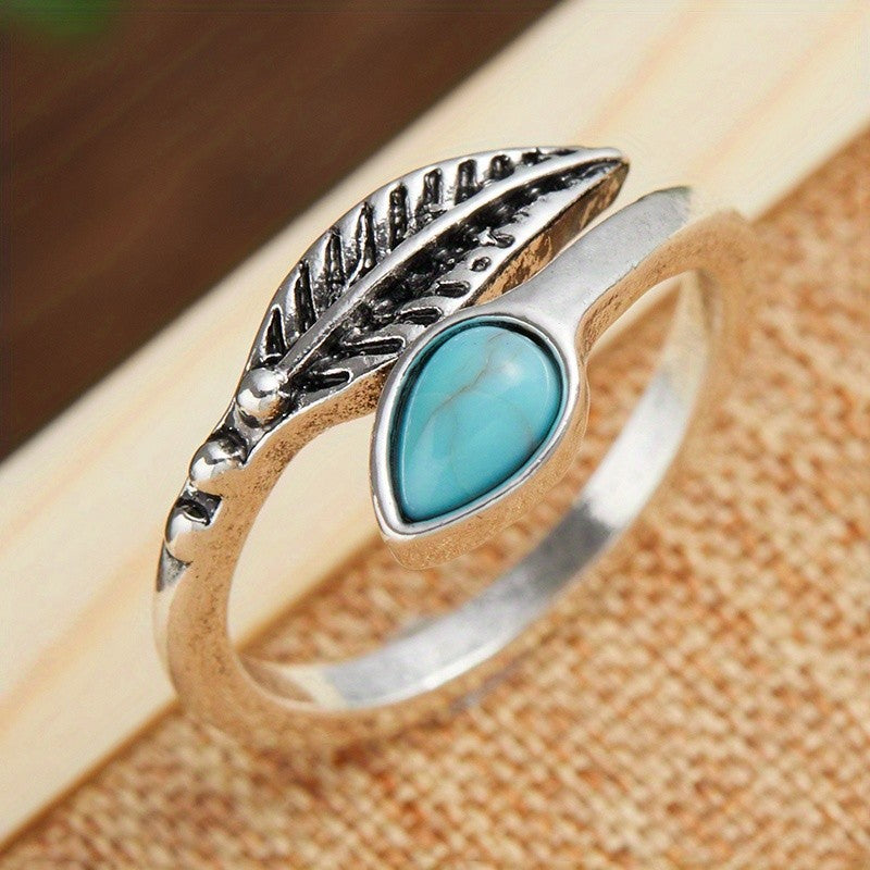Silver-Tone Feather & Teal Stone Open Ring