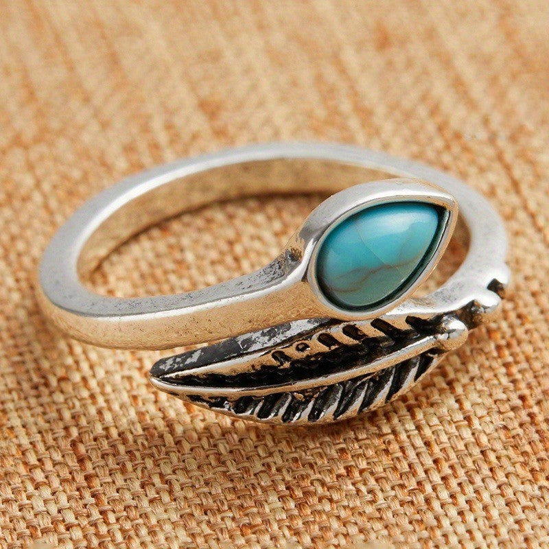 Silver-Tone Feather & Teal Stone Open Ring