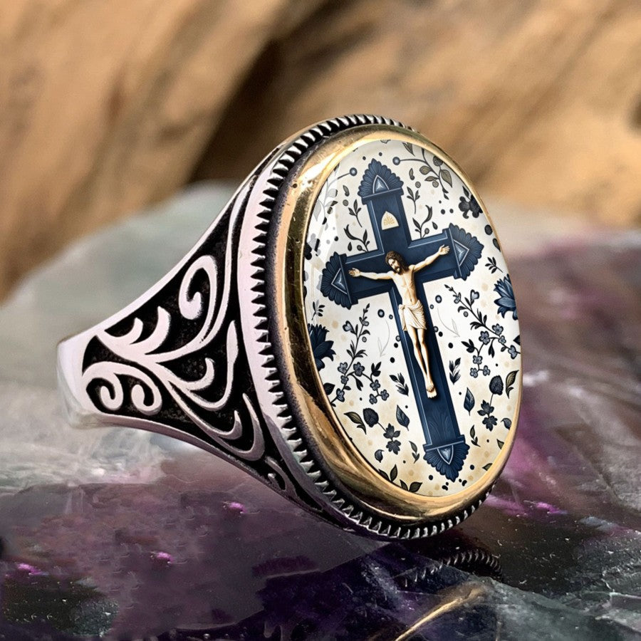 Crucifix Floral Oval Ring