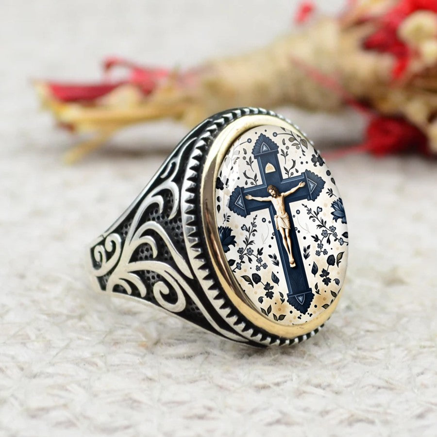 Crucifix Floral Oval Ring